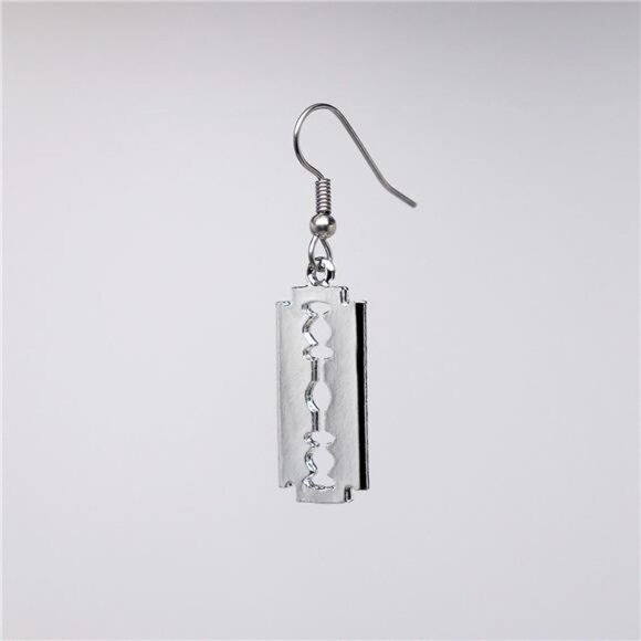Gothic Razor Blade Dangle Earrings - Polished Silver Finish Pewter Metal Jewelry - Picture 4 of 8